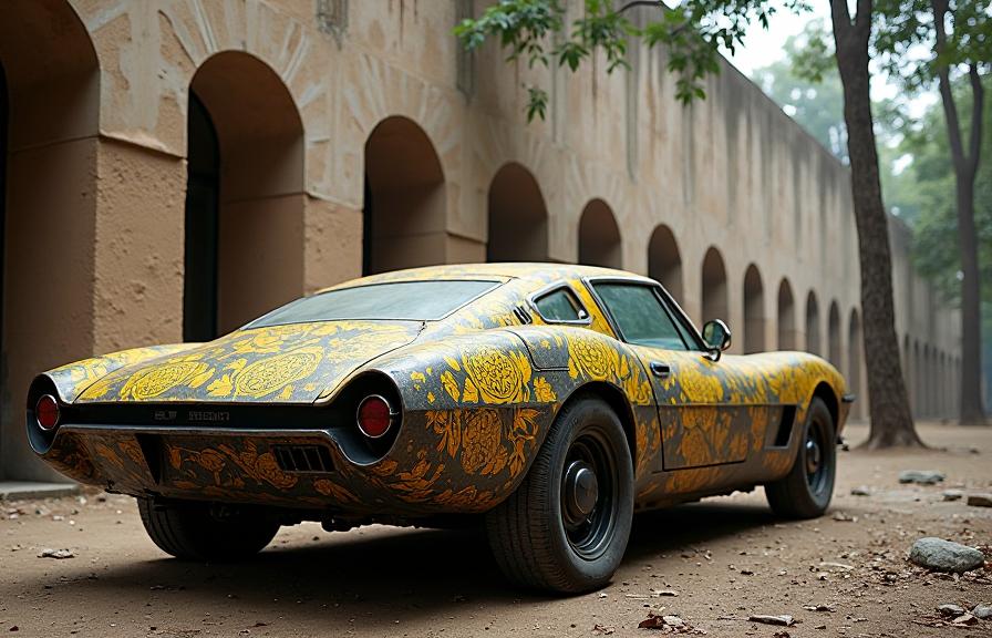 Photograph of an abstract expressionist wonder, a pyramidal wonder with an electric vehicle covered in tar and metal, engraved with yellow patterns, from inside the walls of an Encapsulated The Pyramids of Teotihuacan wonder