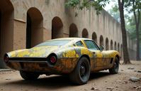 Photograph of an abstract expressionist wonder, a pyramidal wonder with an electric vehicle covered in tar and metal, engraved with yellow patterns, from inside the walls of an Encapsulated The Pyramids of Teotihuacan wonder