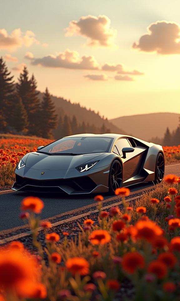 A cyberpunk car with a Lamborghini design stands out in the midst of a desolate flower field and flowers The scene is set against the backdrop of Satin Acadia National Park, with a warm golden hour lighting that captures the intricate details of the car s exterior The illustration features dynamic dramatic atmosphere, capturing the essence of a mysterious and mystical world