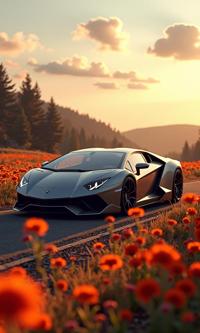 A cyberpunk car with a Lamborghini design stands out in the midst of a desolate flower field and flowers The scene is set against the backdrop of Satin Acadia National Park, with a warm golden hour lighting that captures the intricate details of the car s exterior The illustration features dynamic dramatic atmosphere, capturing the essence of a mysterious and mystical world