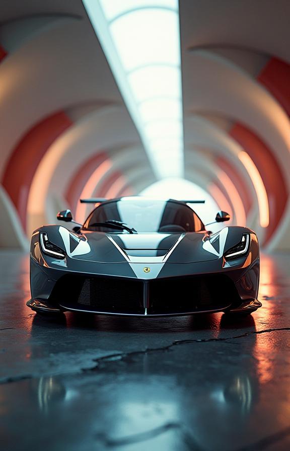 An elegant portrait of a Ferrari from within an intrepid looking environment, with a focus on the futuristic details and the abstract style
