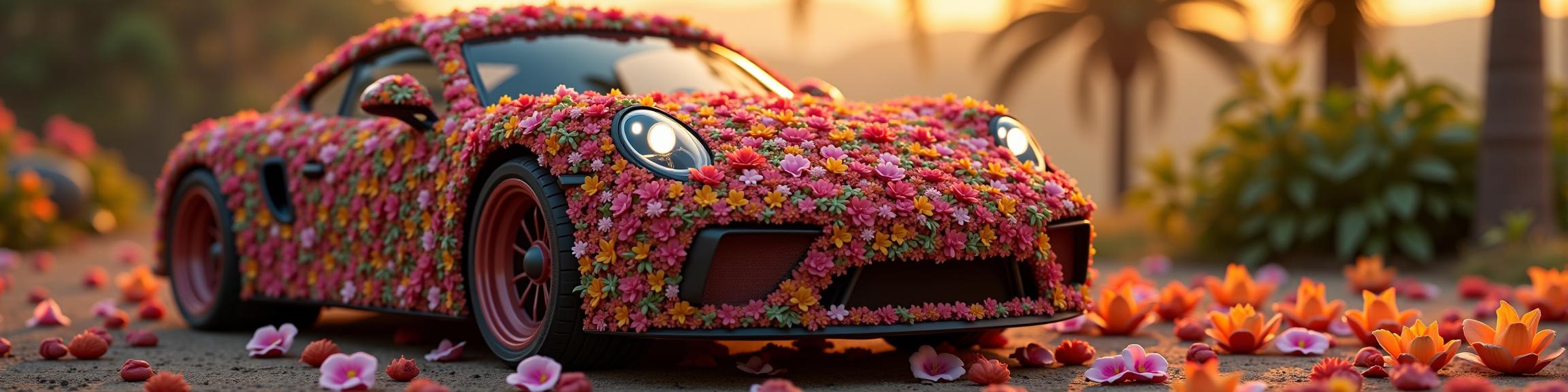 A portrait of a Dominican Porsche made from garden foliage, anthropomorphic as a game character with an illustration inspired by baroque art, illuminated by simple lighting in a sunset situation, captured on a wide angle photo with a slow shutter speed and a F lens