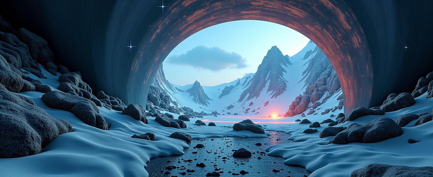 A photorealistic image depicting a futuristic Inuit landscape with a smooth, covered in b Mossy underpass, a dense hillside, and a lava pit in the background