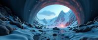 A photorealistic image depicting a futuristic Inuit landscape with a smooth, covered in b Mossy underpass, a dense hillside, and a lava pit in the background