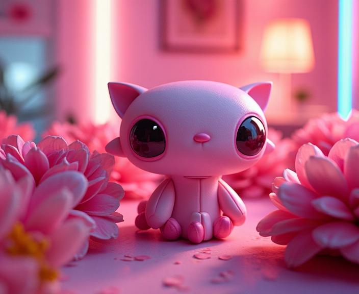 A cozy Peony themed scene with a folded Airship in the style of Chanel, made out of anthropomorphic aliens The background features bright neon lighting and a dslr film grain, adding to the cute atmosphere