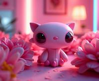 A cozy Peony themed scene with a folded Airship in the style of Chanel, made out of anthropomorphic aliens The background features bright neon lighting and a dslr film grain, adding to the cute atmosphere