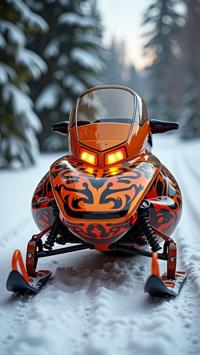 Photograph of a New Wave Snowmobile with an insane amount of detail and complexity, crafted from both metal and glass, in the style of Fashion photography, featuring a split diopter lens