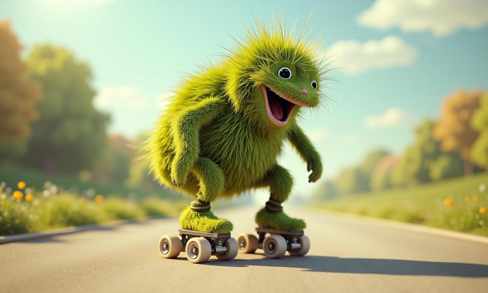 A photorealistic illustration of a Roller skate scene in an anthropomorphic Eucalyptus roller skates with a face made from Slovak grass, set against a Spring like background with shallow depth of field and a blur effect on the sky, with a focus on the perfect symmetry and absurd realism of the image