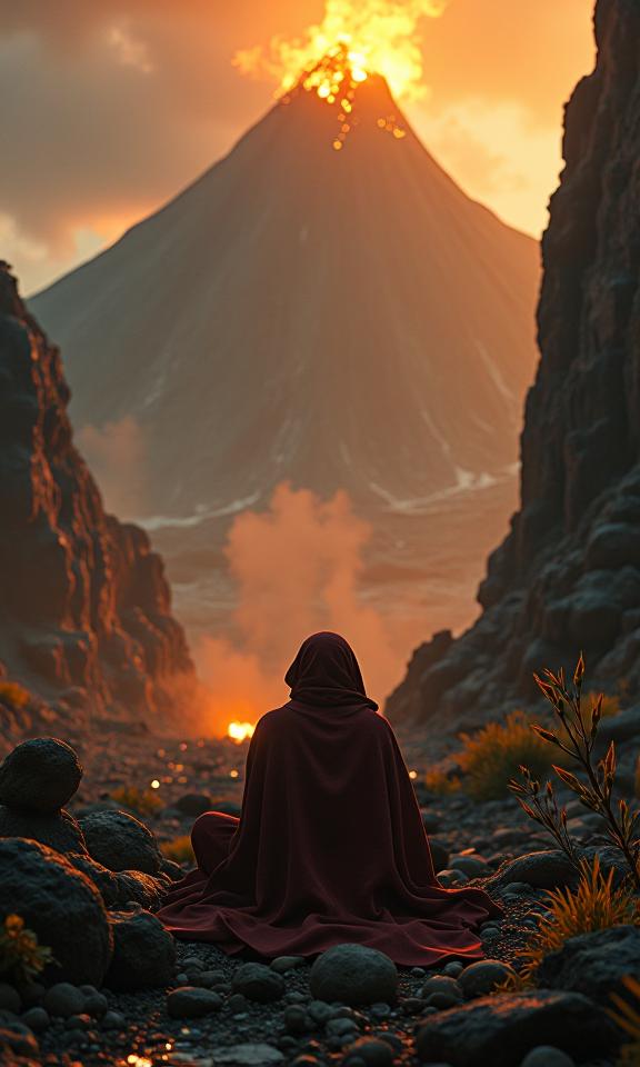 An emotional Bedouin Islandpunk sits amidst a towering volcano, surrounded by dense lava pit and an ornate Atmospheric details The scene is bathed in a soft, golden light, creating a magical atmosphere reminiscent of the films The Matrix and Gotham The background features a Mossy rock and a Brightly lit street with Vengeful nature reserve in the background