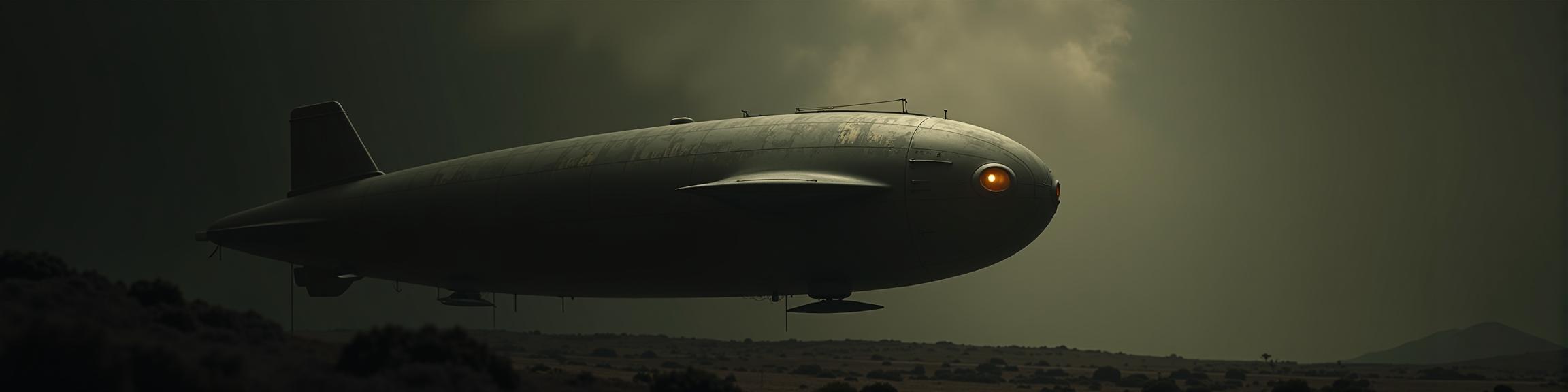 Photograph of a sleek and anthropomorphic Airship with a face in the style of James Gilleard The background is inspired by Archytas artwork from the s The image has a wide angle giving it a cinematic feel, and the lighting adds to its eerie atmosphere
