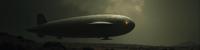 Photograph of a sleek and anthropomorphic Airship with a face in the style of James Gilleard The background is inspired by Archytas artwork from the s The image has a wide angle giving it a cinematic feel, and the lighting adds to its eerie atmosphere