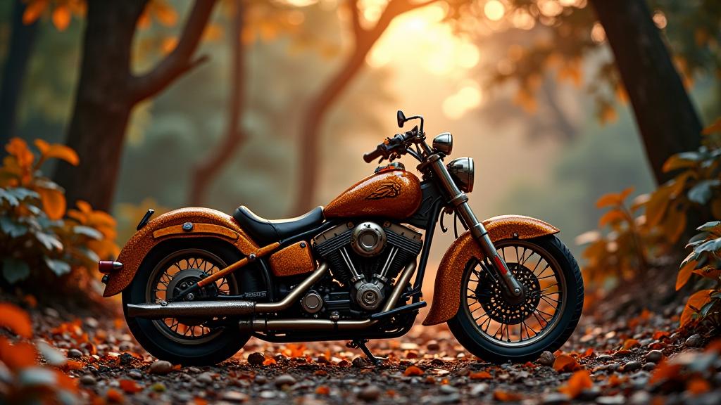 A beautiful image of a playful graceful art deco motorcycle with an angelic and dark orange details, covered in leaves and pecan background, set against a desolate jungle and garden backdrop, with a moonlight moment This is a Maximalist style photograph with a Pixiv and a FlickR