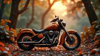 A beautiful image of a playful graceful art deco motorcycle with an angelic and dark orange details, covered in leaves and pecan background, set against a desolate jungle and garden backdrop, with a moonlight moment This is a Maximalist style photograph with a Pixiv and a FlickR