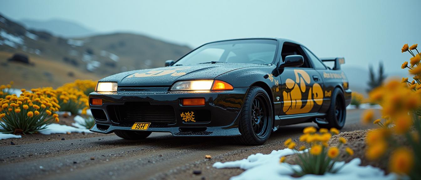 A high definition photograph of a Black and Yellow Han Dynasty Honda in a Cyberpunk setting with desolate fauna and wildflower bouquet, illuminated by snowy deep focus, featuring Masterpiece style tattoos, iridescent light