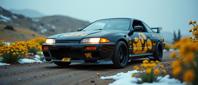 A high definition photograph of a Black and Yellow Han Dynasty Honda in a Cyberpunk setting with desolate fauna and wildflower bouquet, illuminated by snowy deep focus, featuring Masterpiece style tattoos, iridescent light