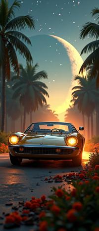 Digital art depicting a traditional Cuban Lamborghini, with an angry and waning light, in a fantasy setting with lush trees and the celestial equator in the background