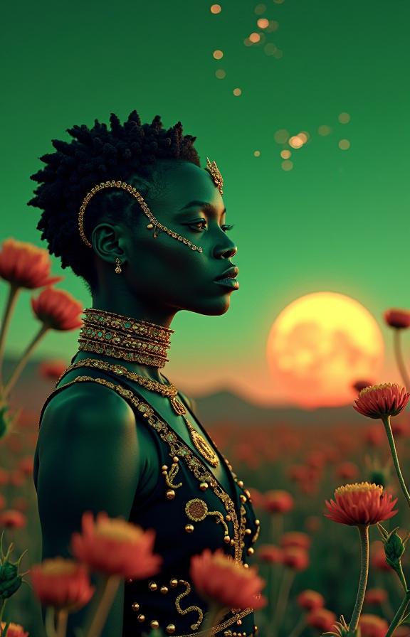 A photorealistic image of a Nihilcore photogenic Ethiopian from Planet Uranus with intricate details, made out of elegant Guilty photography It has a deep green background, featuring desolate flower fields and the Big Dipper in the center, against a sunset tilt shift aesthetic The image is pixel arty