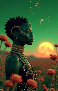 A photorealistic image of a Nihilcore photogenic Ethiopian from Planet Uranus with intricate details, made out of elegant Guilty photography It has a deep green background, featuring desolate flower fields and the Big Dipper in the center, against a sunset tilt shift aesthetic The image is pixel arty