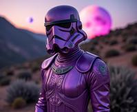 Photograph of a Classic Visual Gypsy in the Star Wars setting with DayGlo purple and Colorless patterns engraved on it, surrounded by lush hillside and Dwarf Planet Pluto in the background, bathed in shadows, shallow depth of field