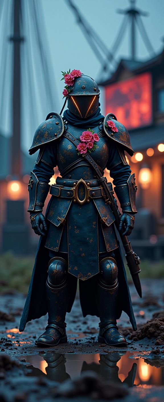 An image of a armored vehicle covered in dirt and flowers with an added touch of glow in the dark, set against the backdrop of a pirate setting, with shallow depth of field and anime inspired design, showcasing a scene with intricate lights and reflections