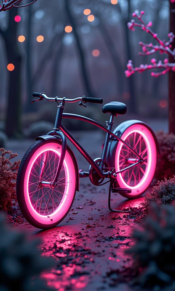 A retrofuturistic and anthropomorphic bicycle with a sleek design is featured in an Art Nouveau garden, bathed in shadows and illuminated by a cold, winter glow The scene features a deep pink neon hue, celestial lighting