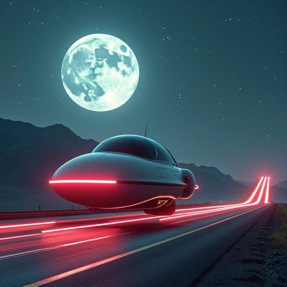 A surrealistic image featuring a spacecraft with a happy face and a slender body, set against the backdrop of a moonlit toll road The scene is both hyperrealistic and hyperaesthetic, capturing the essence of cyberpunk culture in its most abstract form