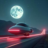 A surrealistic image featuring a spacecraft with a happy face and a slender body, set against the backdrop of a moonlit toll road The scene is both hyperrealistic and hyperaesthetic, capturing the essence of cyberpunk culture in its most abstract form