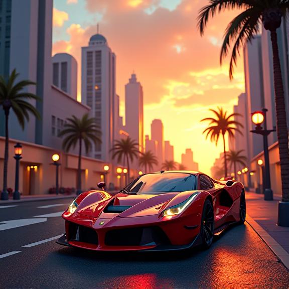 Digital painting of a futuristic city with a Ferrari and a Lovecraftian Ferrari, at golden hour with horizon centered background, featuring a graphic novel style with natural lighting, high quality images