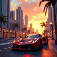Digital painting of a futuristic city with a Ferrari and a Lovecraftian Ferrari, at golden hour with horizon centered background, featuring a graphic novel style with natural lighting, high quality images