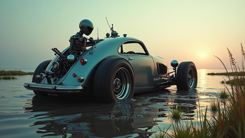 An image of a steampunk urban car with an anthropomorphic robot, surrounded by water and seagrass, under a desolate horizon centered sky with shimmering iridescent lights, captured in a K resolution with adobe lightroom