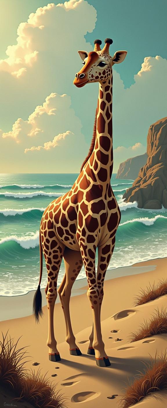 a whimsical digital painting of a magical pictorial vintage featuring a giraffe with intricate patterns inspired by the Jaguar and the surrounding nature The background is filled with sand dunes and waves crashing against the shore, creating a surreal and surreal atmosphere The image has been enhanced for clarity and detail, with crepuscular rays adding to the overall aesthetic