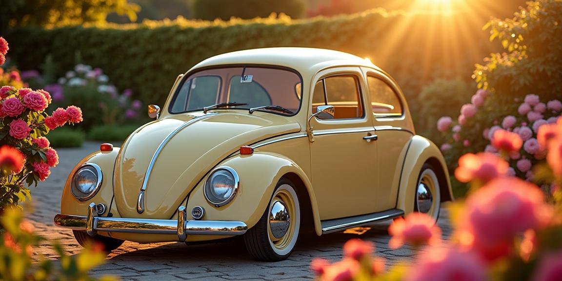 A sleek lower class Tiki Classical Volkswagen in a garden with blossoms and flowers, illuminated by the summer sun, captured in a wide shot with ultra fine details, featuring an elegant and colorful palette for your next project
