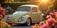 A sleek lower class Tiki Classical Volkswagen in a garden with blossoms and flowers, illuminated by the summer sun, captured in a wide shot with ultra fine details, featuring an elegant and colorful palette for your next project
