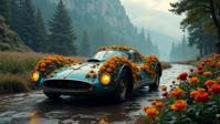 A hypercar of the s covered in flora, anthropomorphic with a face, detailed primary colors background, a village filled with Gal Gadot
