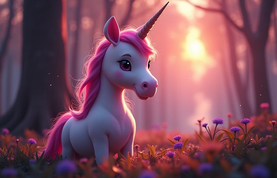 Portrait of a cute anthropomorphic unicorn with an adorable face and details, in a Dutch style at dawn, with dense vegetation and an Elm tree background, Vanishing Point