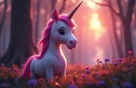 Portrait of a cute anthropomorphic unicorn with an adorable face and details, in a Dutch style at dawn, with dense vegetation and an Elm tree background, Vanishing Point