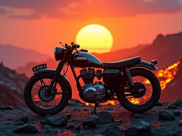An elegant and intricate image showcasing a Kawasaki K model from the s with a focus on the aesthetics of the Japanese culture The scene is set against a backdrop of a grand lava pit and a sunset, adding to its overall realism