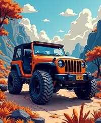 Photograph of a Abnormal Fiery Burundian Jeep , made from Comet, it is made from Complementary colors and has an equirectangular degree view with Lazuli roots and vegetation in background, made by Adidas