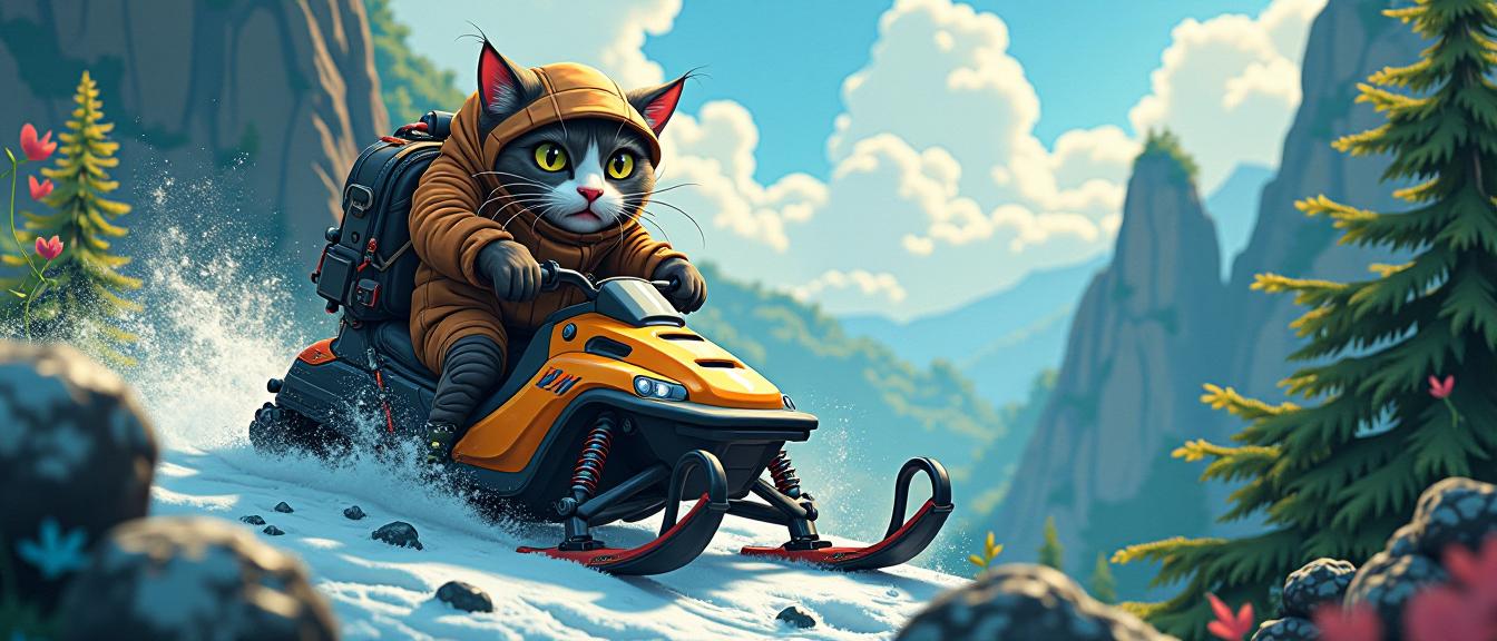 Photo of a chaotic futuristic prussian frustrated bycat on snowmobile in the jungle, with cozy details like a distinct Malaysian landscape and an epic view from above, made out of grunge art style, with attention to detail
