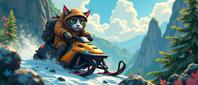 Photo of a chaotic futuristic prussian frustrated bycat on snowmobile in the jungle, with cozy details like a distinct Malaysian landscape and an epic view from above, made out of grunge art style, with attention to detail