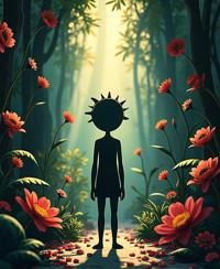 A confuddled figure stands in a cluttered environment, surrounded by nature inspired art The background is filled with colorful flora and shadows, adding to the overall aesthetic of the image The focus on simplicity and elegance is symbolized by the use of Primitivism and Heterotype patterns The image features a bright light source, creating a striking contrast against the dark background