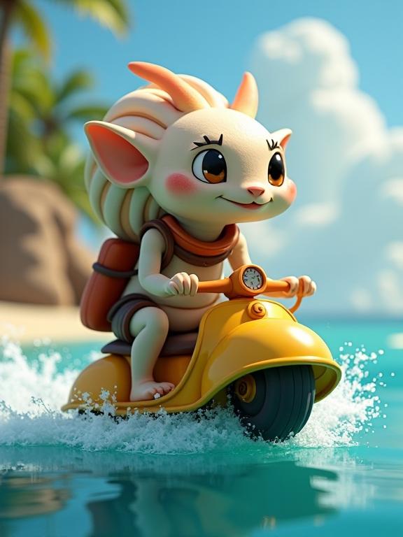 Photograph of an anthropomorphic Seashell riding on a water scooter in the style of Disney s Aesop s Fables, with a focus on intricate details and soft shadows The image features a medium close up shot and is inspired by League of Legends splash art