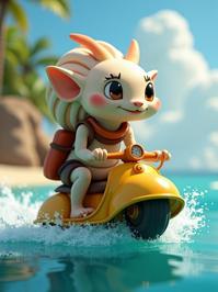 Photograph of an anthropomorphic Seashell riding on a water scooter in the style of Disney s Aesop s Fables, with a focus on intricate details and soft shadows The image features a medium close up shot and is inspired by League of Legends splash art