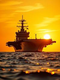 Photograph of a Seaplane Carrier with an over the shoulder shot in the style of Gradient Style, inspired by Rolex and featuring a deep yellow embroidery and a striking contrast against the bright orange sky The image has a mm zoom lens and is set against a floral themed background with a dramtic spotlight effect