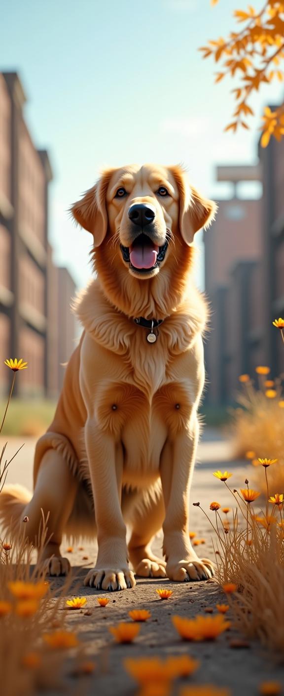 A majestic golden retriever stands tall in a desolate urban landscape, its fur blending seamlessly into the background The scene features a narrow waistband and a slender form that seems to pulse with energy, casting dappled shadows across the autumn sky The air is thick with the scent of wildflowers, and the sound of birds chirping fills the air