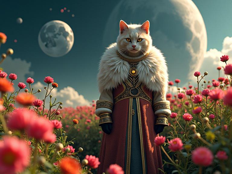 Digital art by Conrad Felixm ller and Abdo Hadi Al Gazzar, with a focus on high quality photography The image features a fur brimmed Georgian wearing a grand ornaments and standing amidst a crowded flower field and celestial equator The background is filled with sci fi elements, including the moon, split diopter