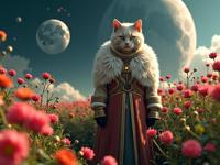 Digital art by Conrad Felixm ller and Abdo Hadi Al Gazzar, with a focus on high quality photography The image features a fur brimmed Georgian wearing a grand ornaments and standing amidst a crowded flower field and celestial equator The background is filled with sci fi elements, including the moon, split diopter