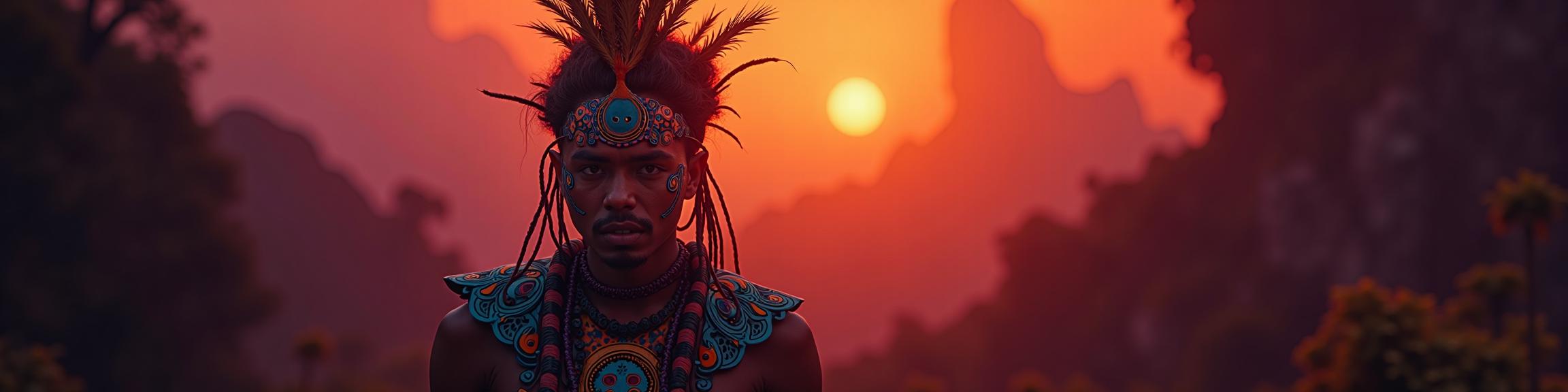 Photograph of a Stupid Angry Tribal, it is forged by H M, it is engraved with Peacock and dark orange patterns, simple deep orange and DayGlo purple background