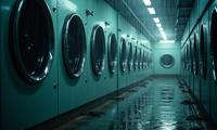 An elegant and futuristic image of a bathysphere with intricate details inspired by Belarusian roots and black holes in the background The scene is set in a raindrop laundromat in Belarusia, with an emphasis on the aesthetic of split lighting and mm film lenses, creating a well visualised composition