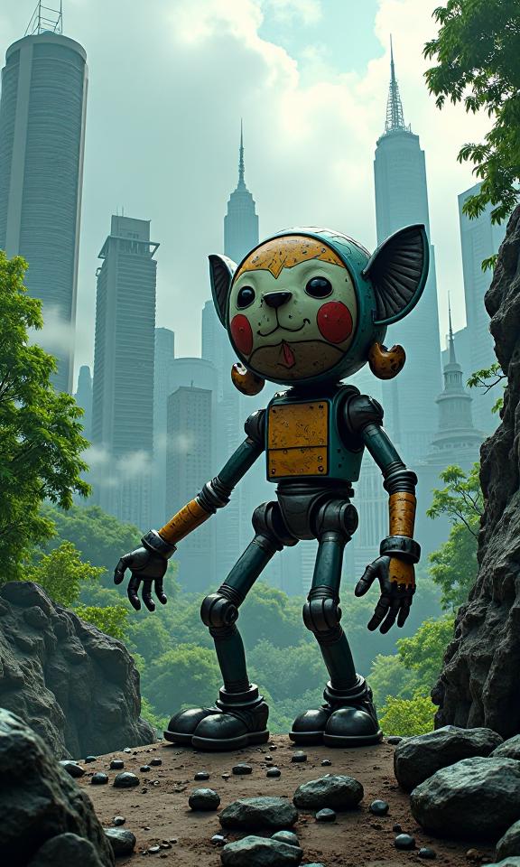 Comic book art featuring an anthropomorphic toy like object with a face and intricate details, set against a backdrop of a gigantic cityscape with lush greenery and a foggy forest The scene is framed by Canon D Mark II cameras, capturing dynamic action scenes with sharp focus and focused textures